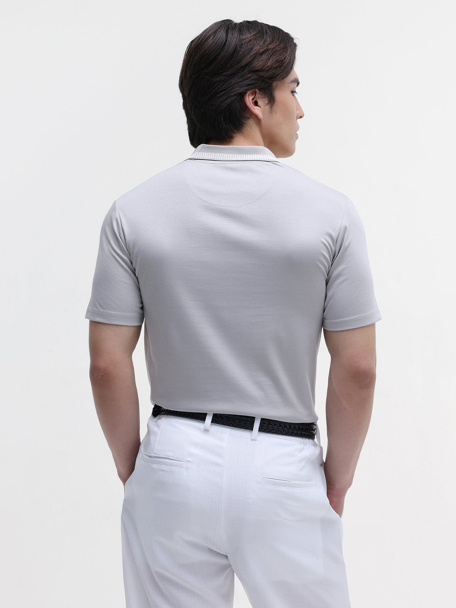 Men Grey Soild Regular Fit Polo