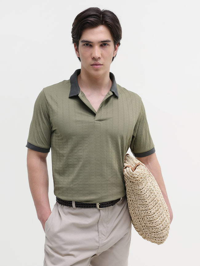 Men Olive Jacquard Knit Polo