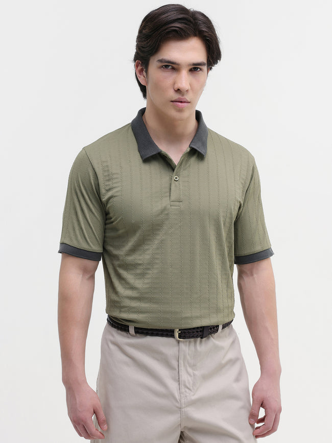 Men Olive Jacquard Knit Polo