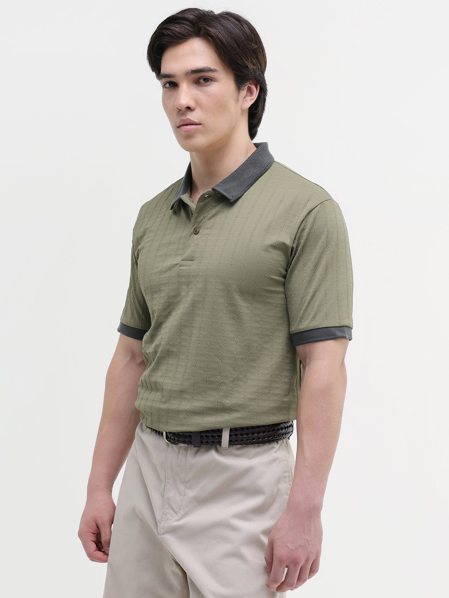 Men Olive Jacquard Knit Polo