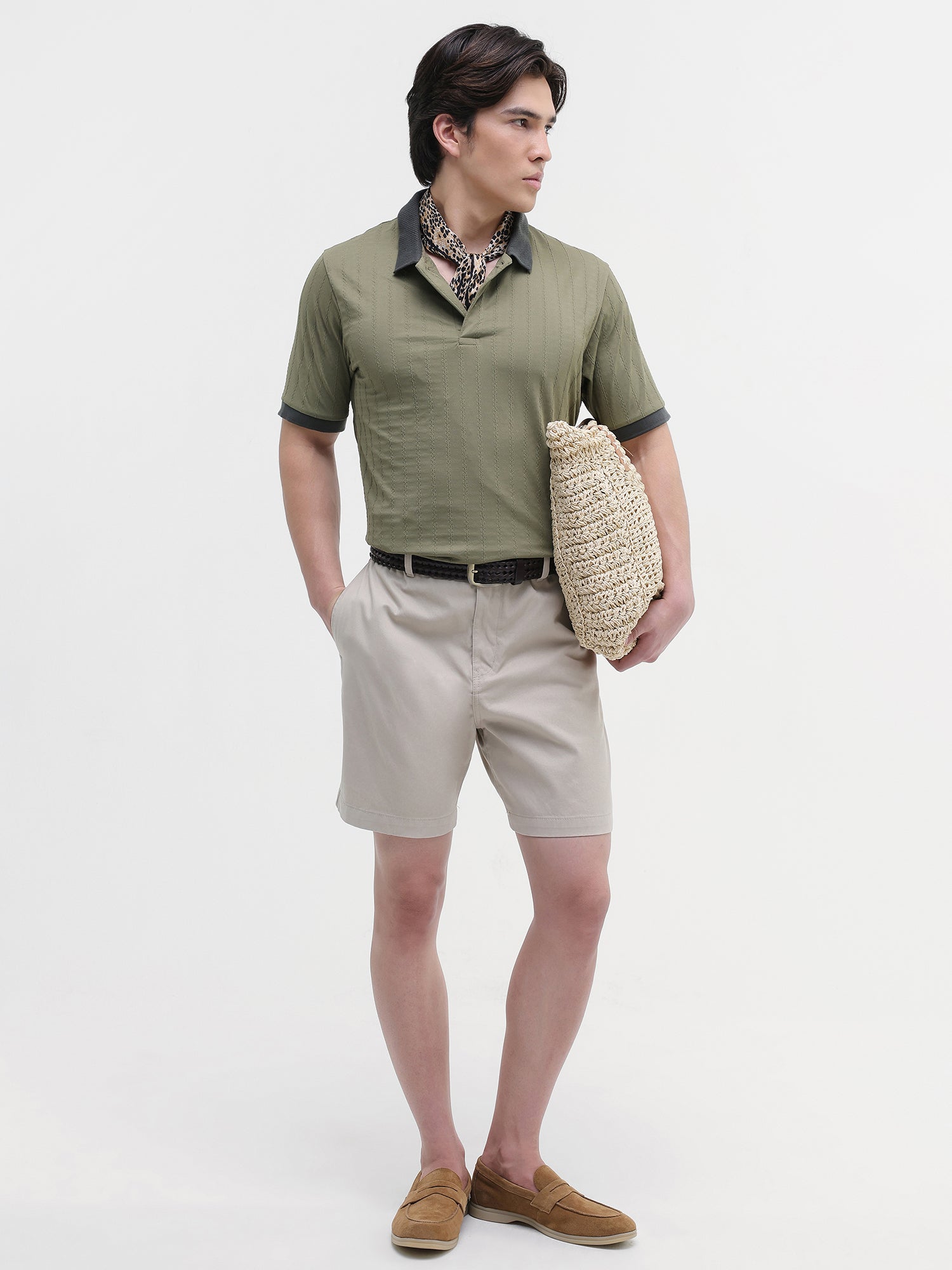 Men Olive Jacquard Knit Polo