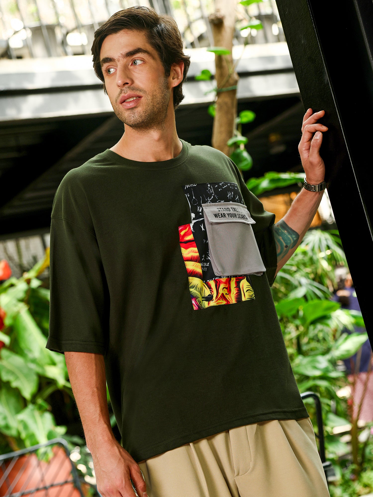 Men Olive Casual T-Shirt