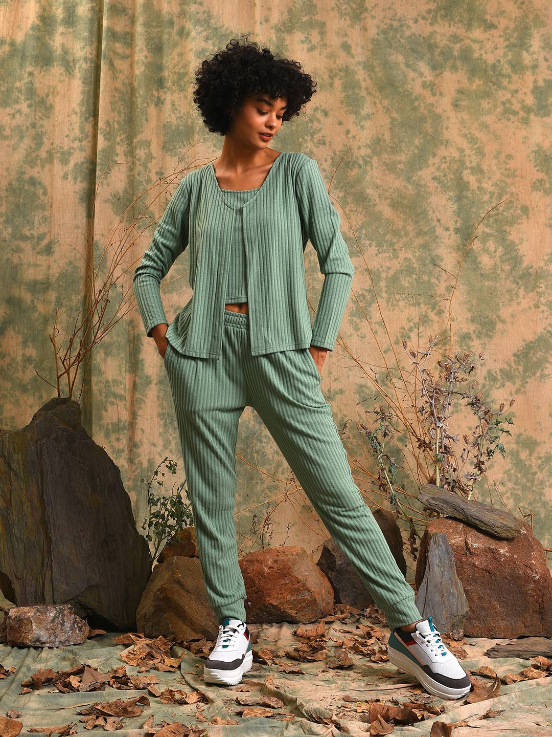 Women Green Ribbed Co-Ord Set