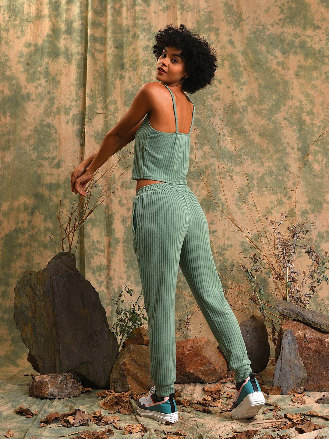 Women Green Ribbed Co-Ord Set