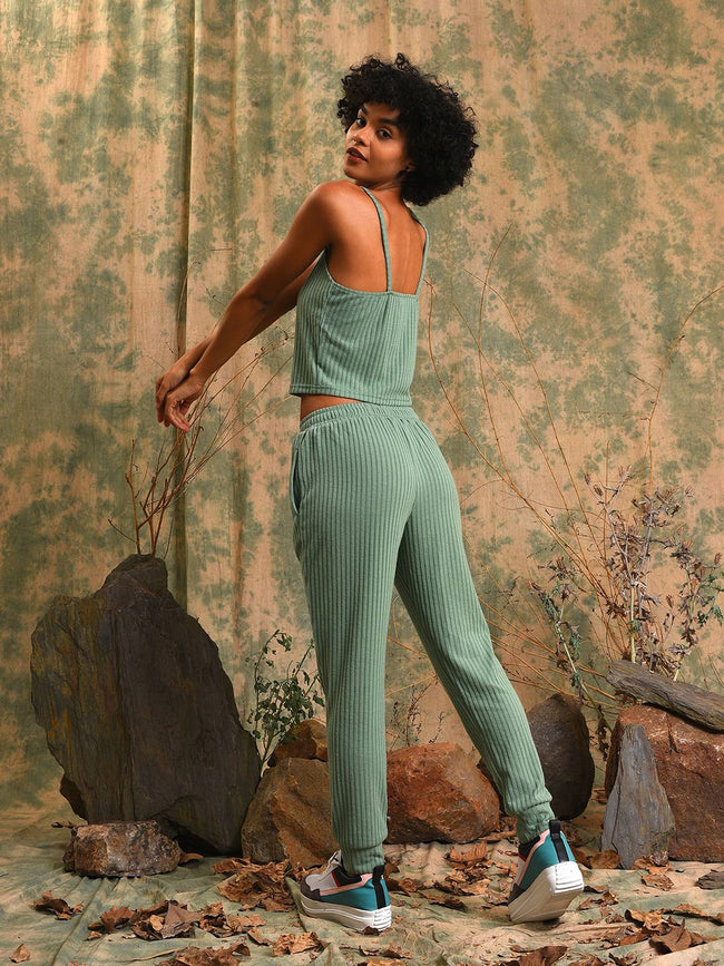 Women Green Ribbed Co-Ord Set