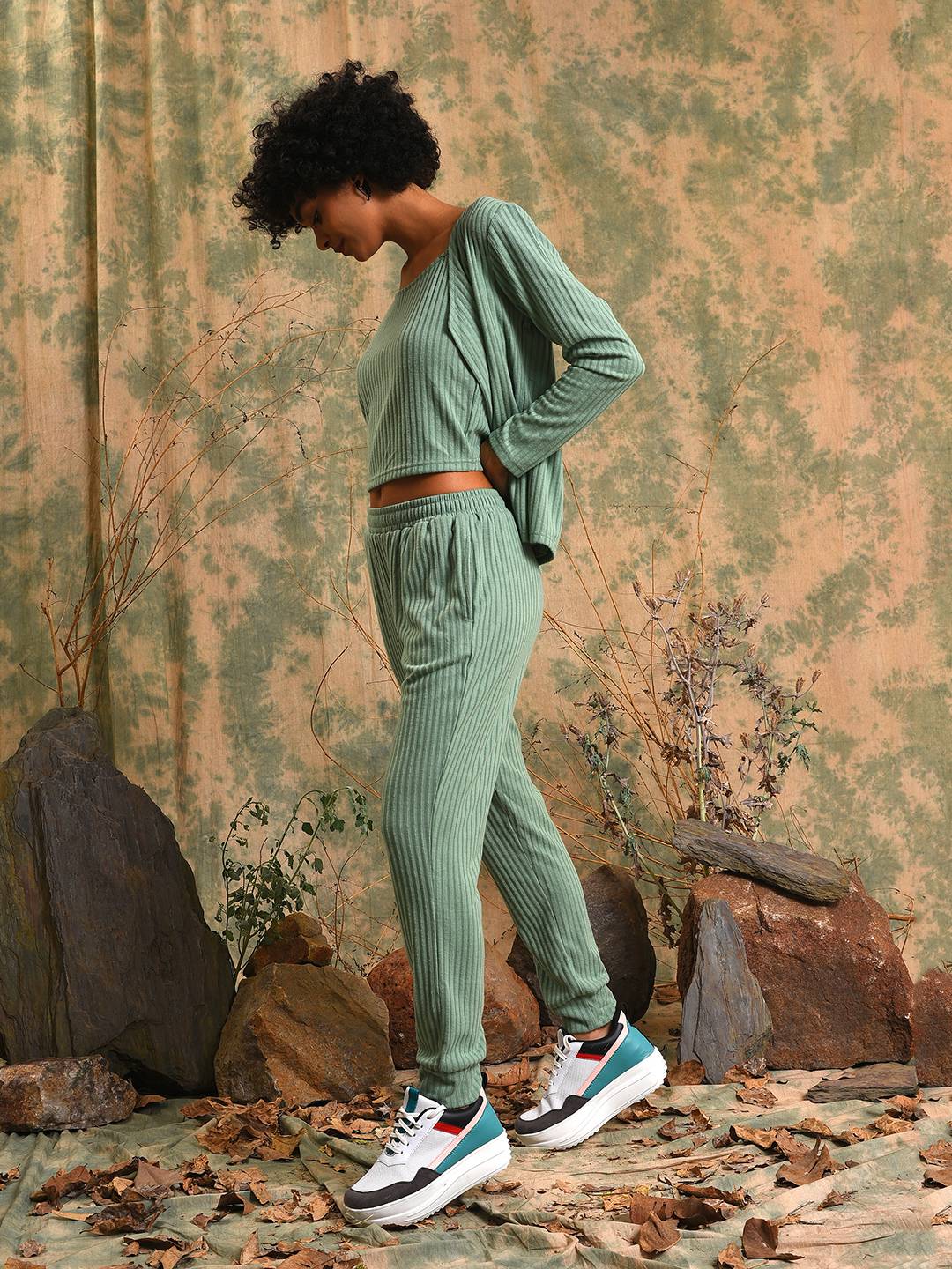 Women Green Ribbed Co-Ord Set