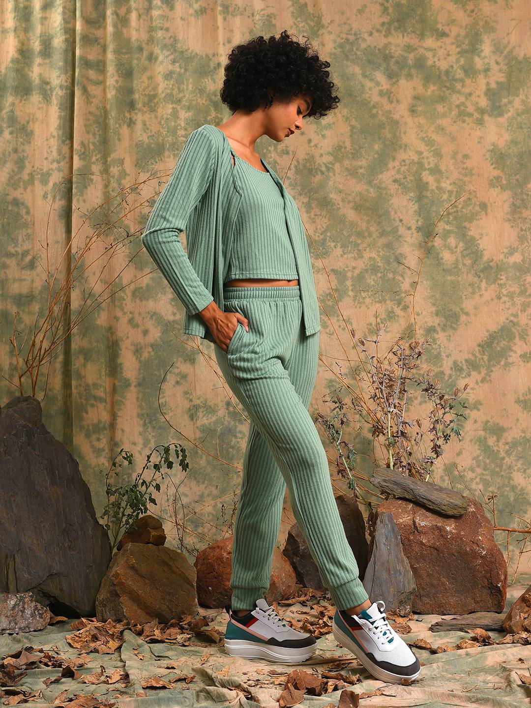 Women Green Ribbed Co-Ord Set