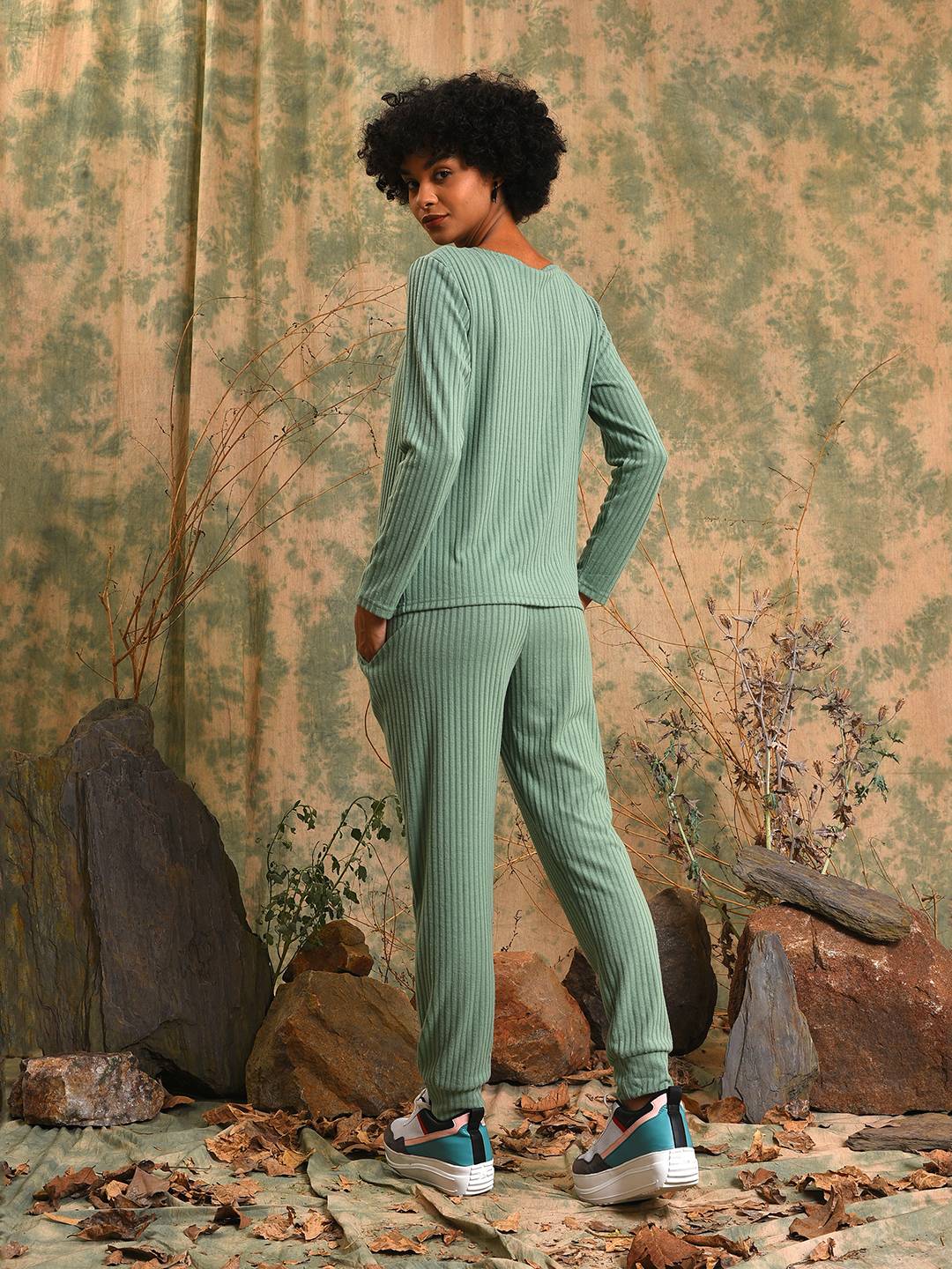 Women Green Ribbed Co-Ord Set