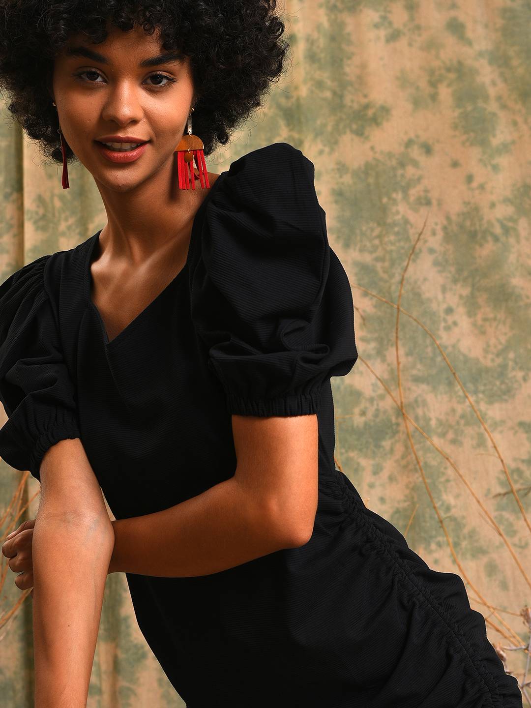 Women Black Solid Dress With Ruched Detail
