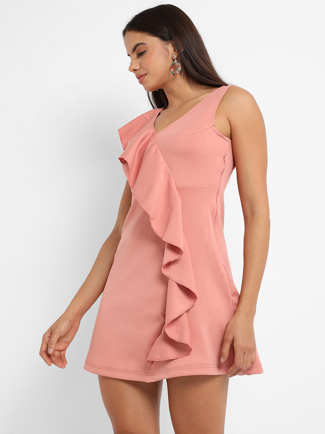 Women Pink Asymmetrical Ruffle Dress