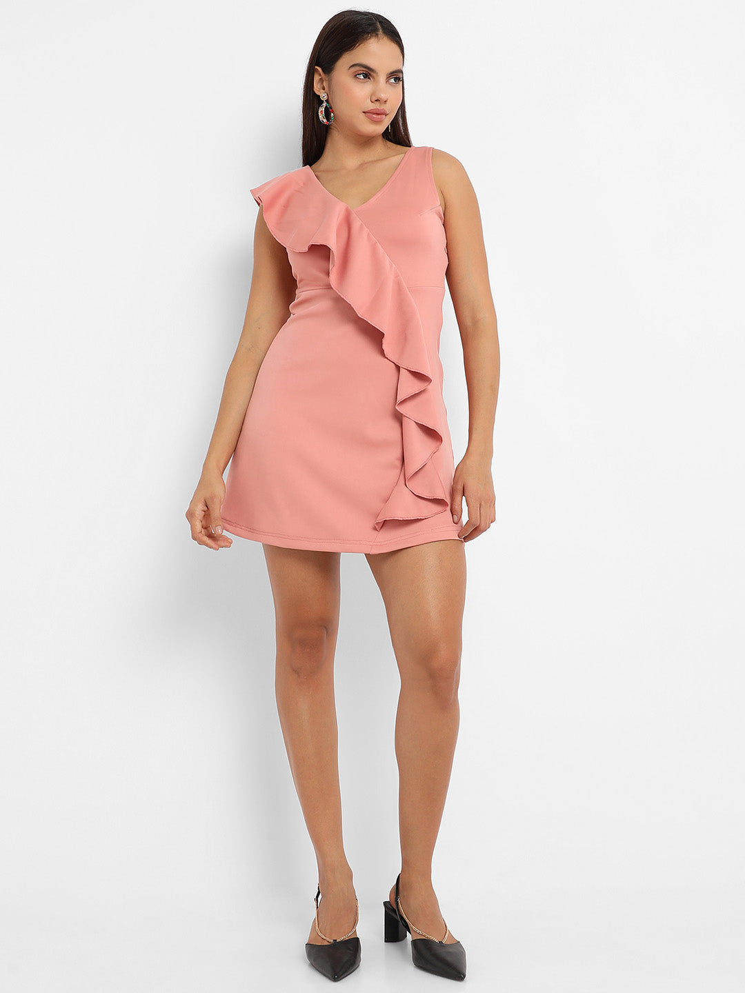 Women Pink Asymmetrical Ruffle Dress