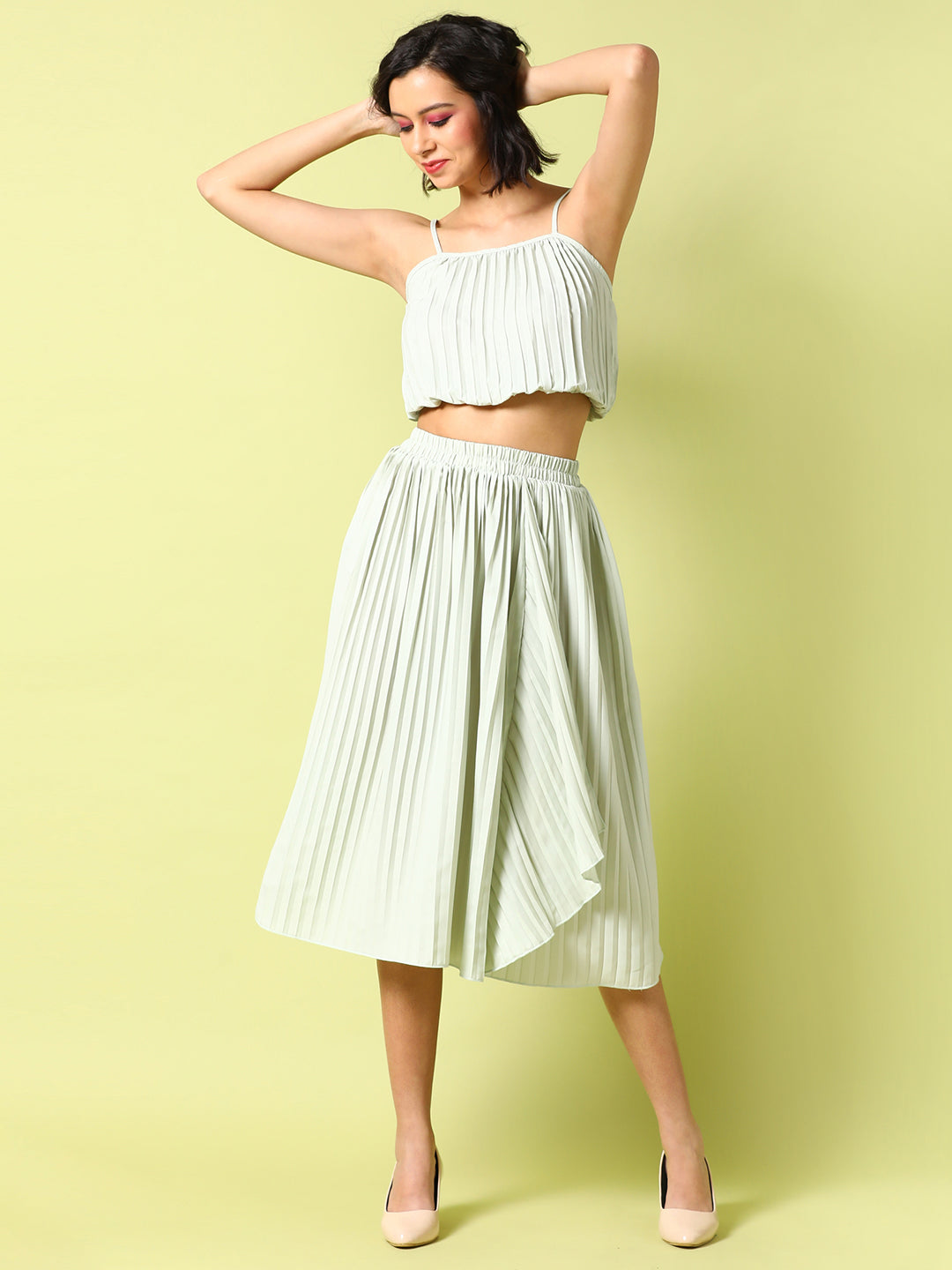 Women White Pleated Co-Ord Set