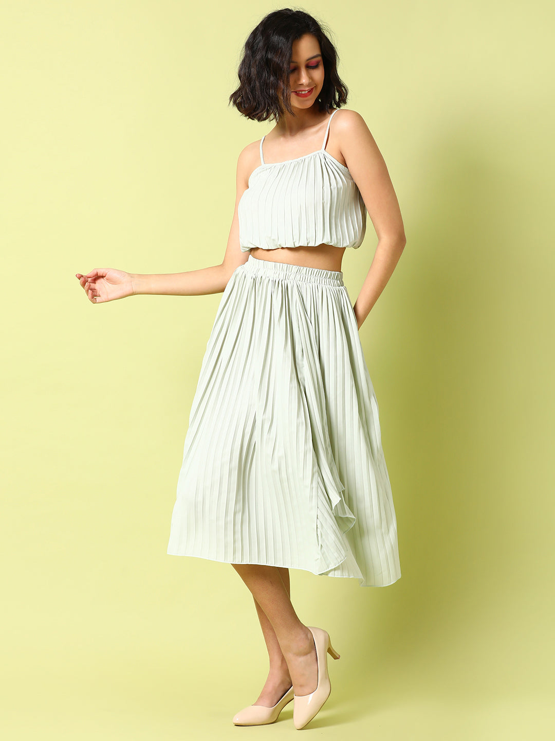 Women White Pleated Co-Ord Set