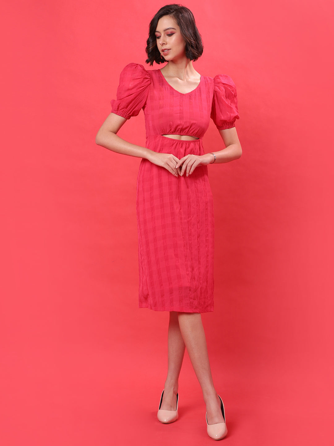 Women Red Cutout Midi Dress