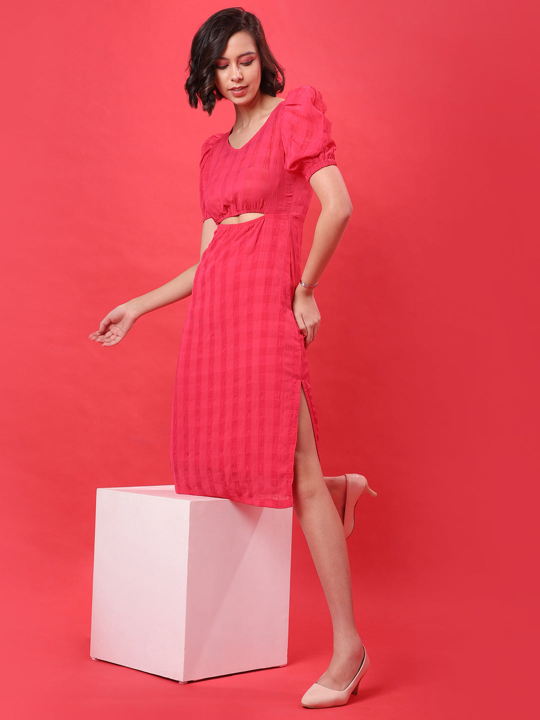 Women Red Cutout Midi Dress
