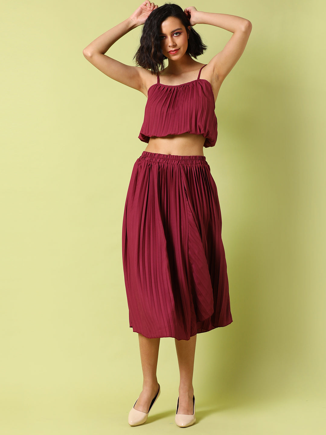 Women Red Pleated Co-Ord Set