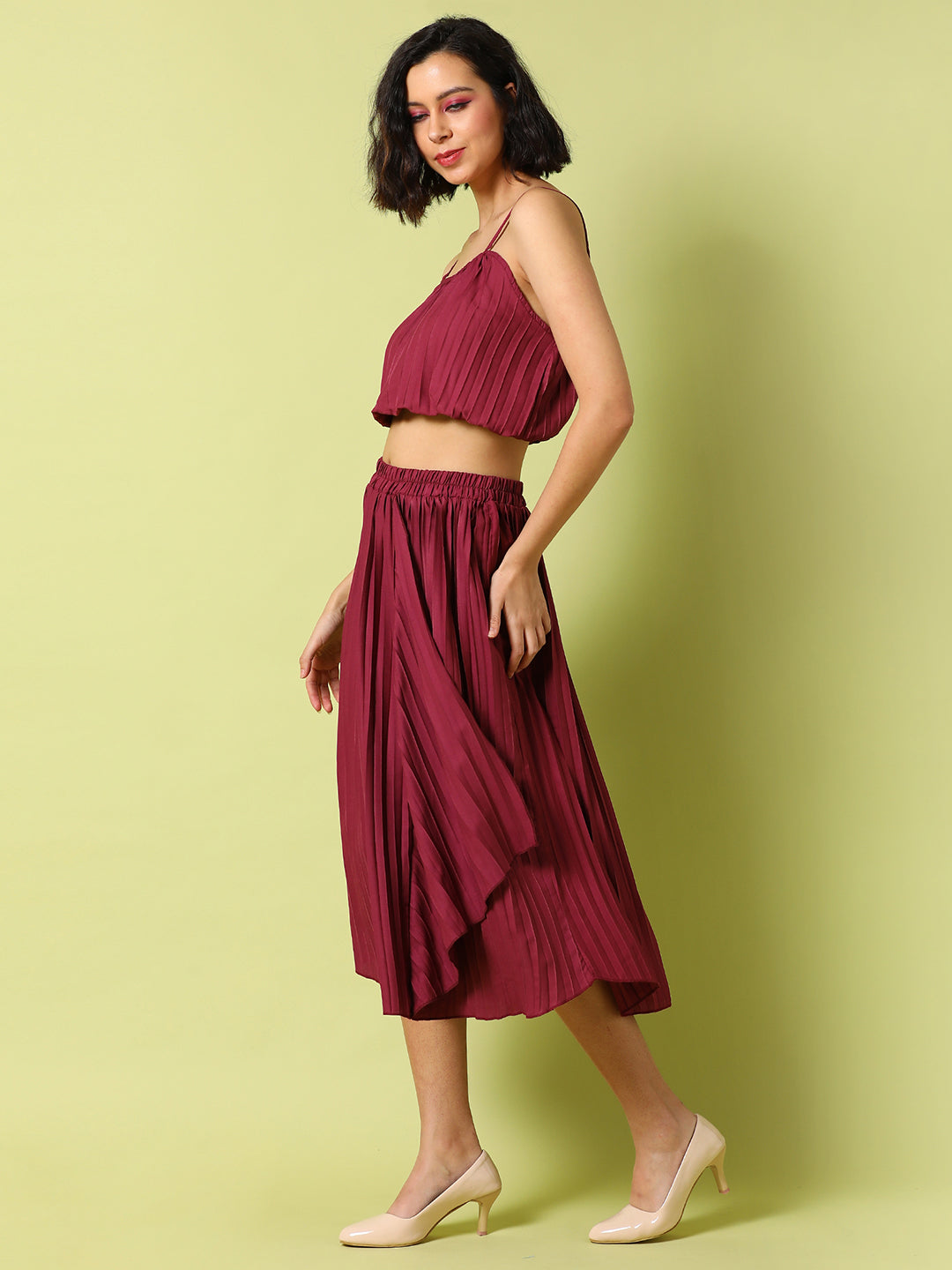 Women Red Pleated Co-Ord Set
