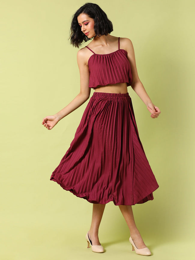 Women Red Pleated Co-Ord Set