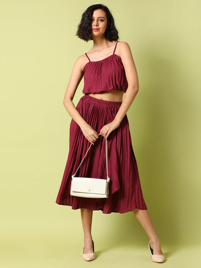 Women Red Pleated Co-Ord Set