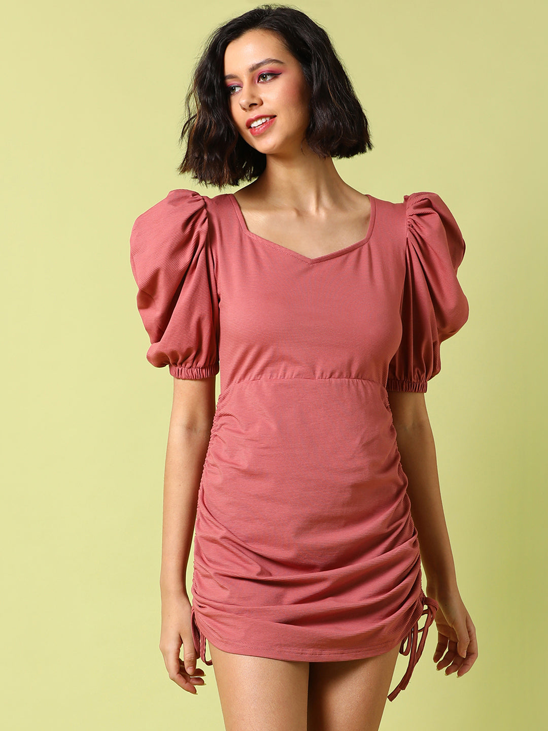 Women Pink Ruched Mini Dress