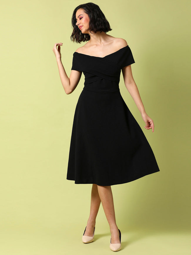 Women Black Criss-Cross Midi Dress