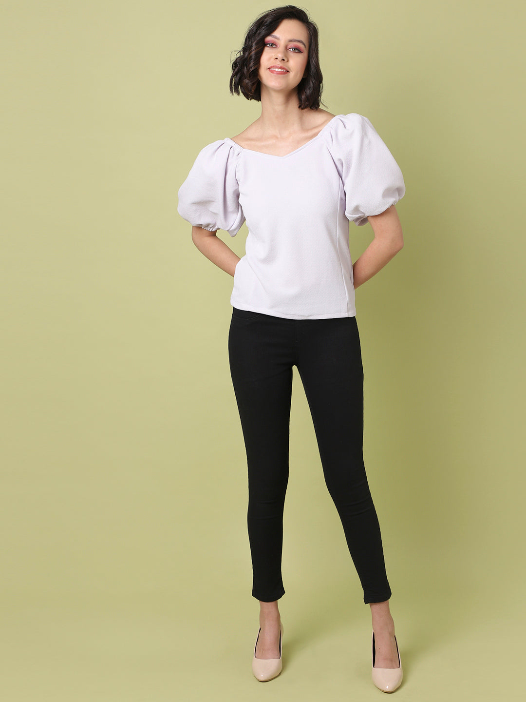 Women Grey Puff-Sleeved Top