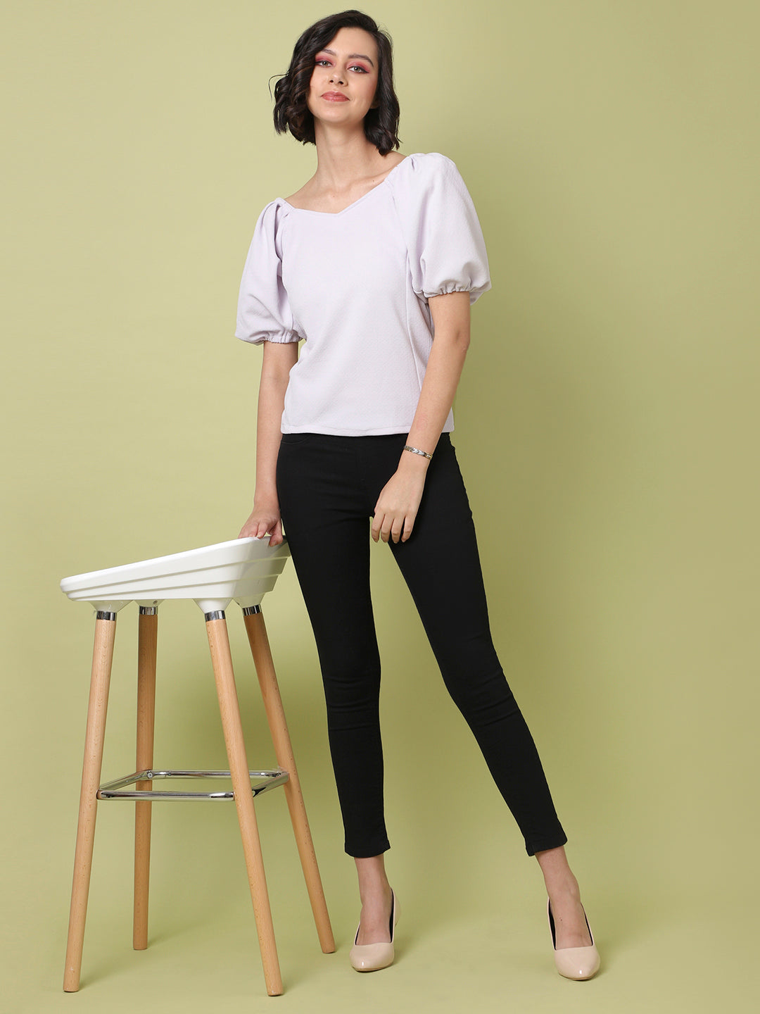 Women Grey Puff-Sleeved Top