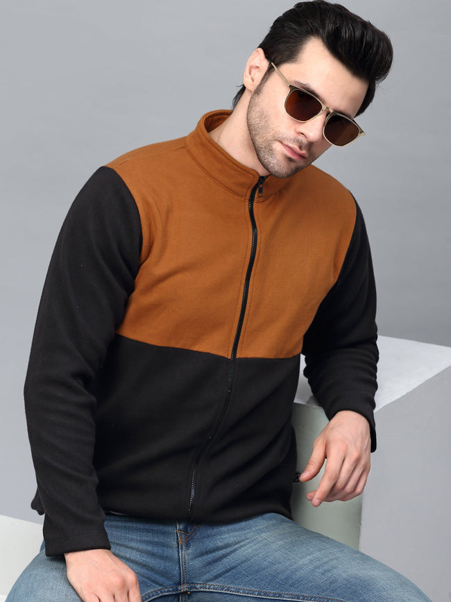 Men Color Blocked High Neck Polar Fleece Jacket