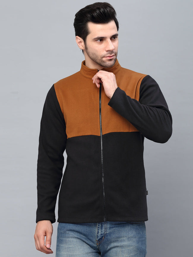 Men Color Blocked High Neck Polar Fleece Jacket