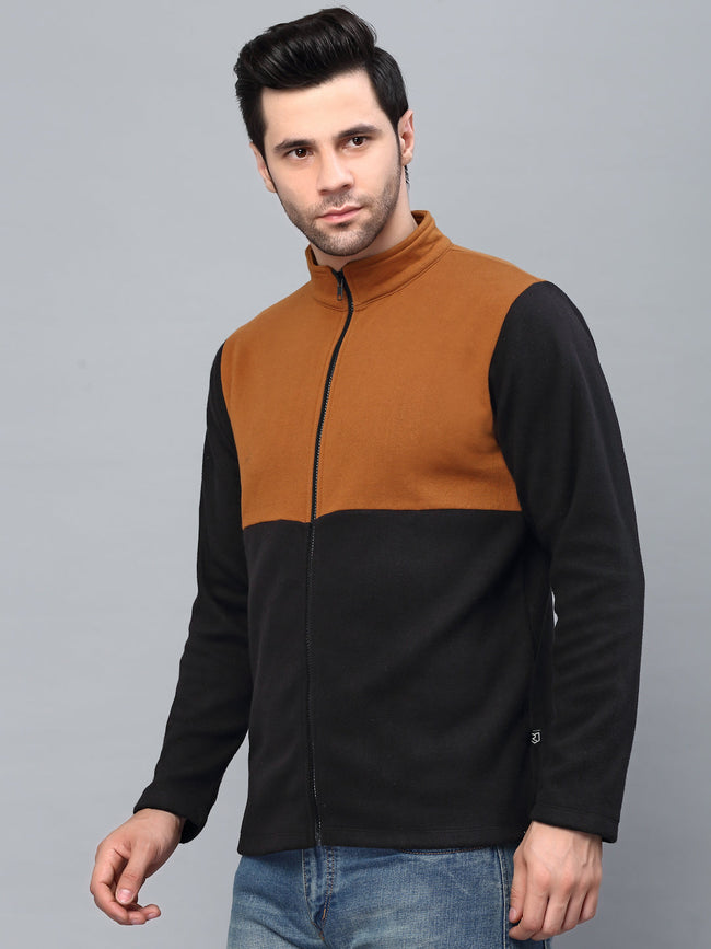 Men Color Blocked High Neck Polar Fleece Jacket