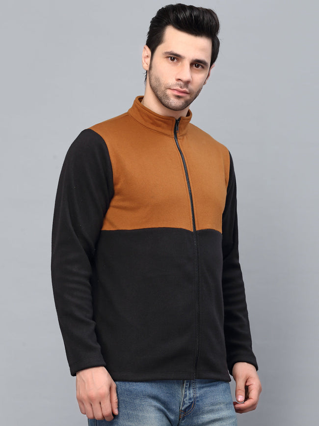 Men Color Blocked High Neck Polar Fleece Jacket