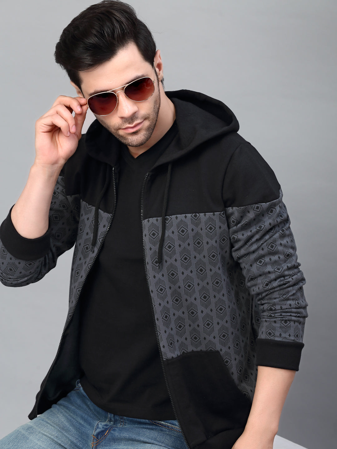 Men Dark Grey Hooded Printed Fleece Jacket