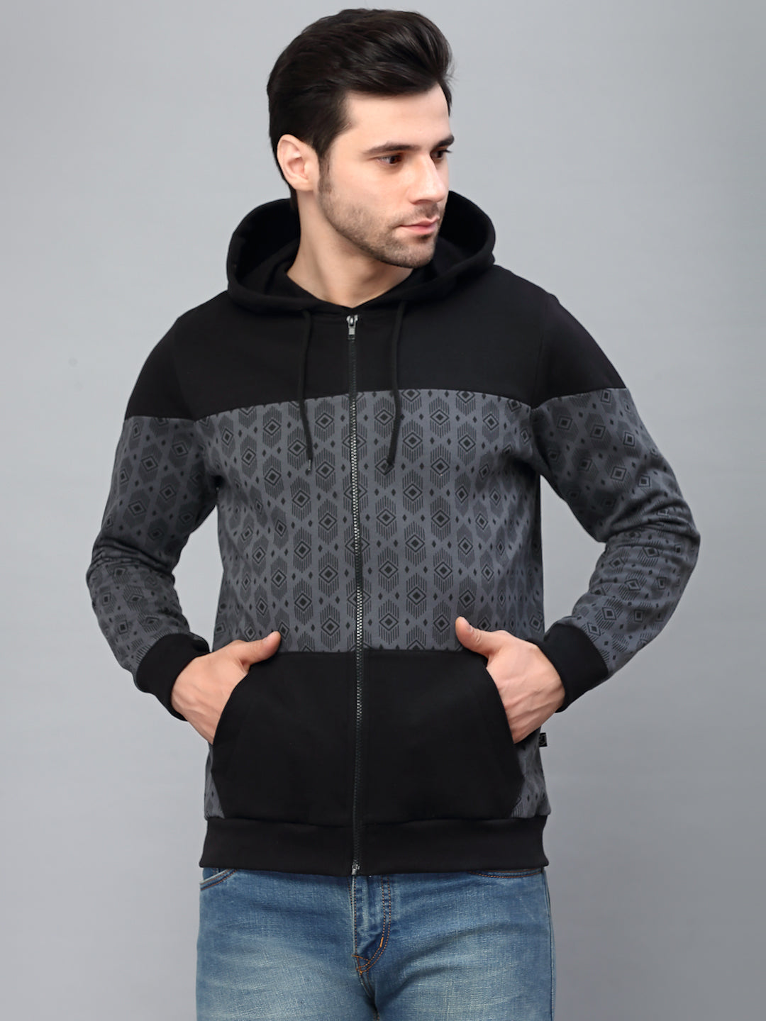 Men Dark Grey Hooded Printed Fleece Jacket