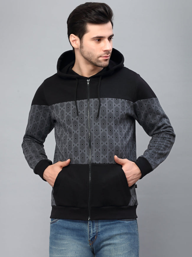 Men Dark Grey Hooded Printed Fleece Jacket