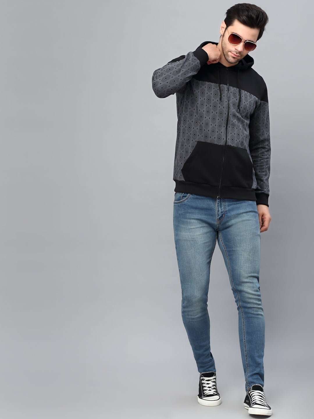 Men Dark Grey Hooded Printed Fleece Jacket