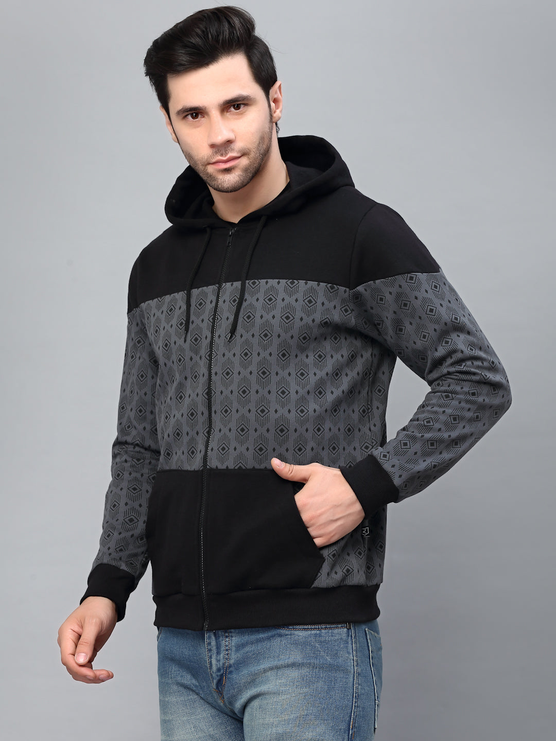 Men Dark Grey Hooded Printed Fleece Jacket