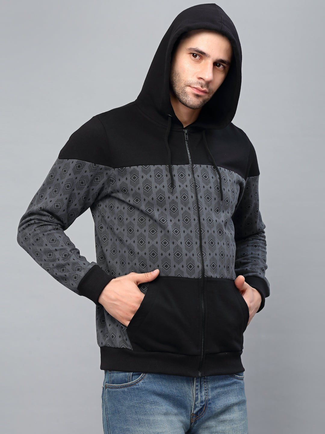 Men Dark Grey Hooded Printed Fleece Jacket