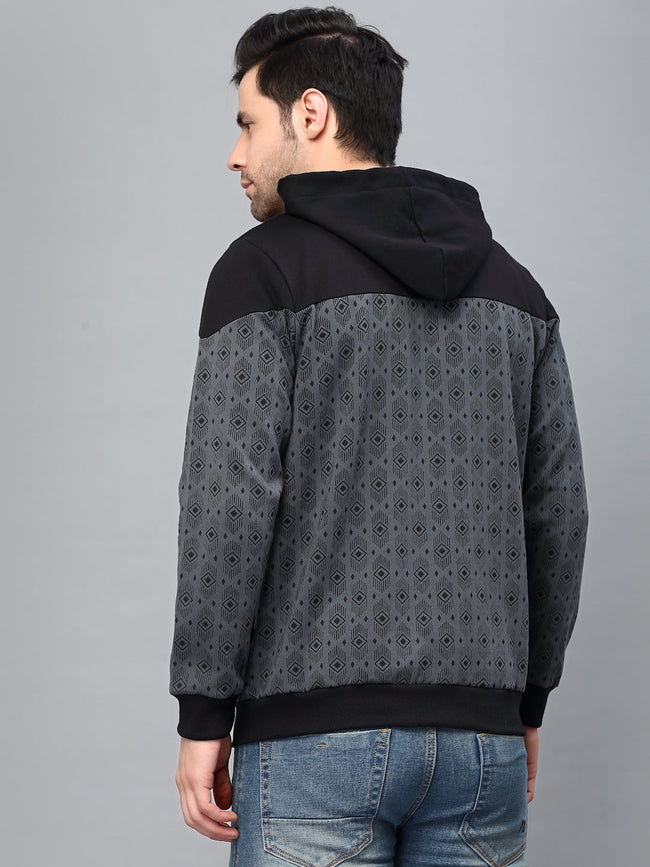 Men Dark Grey Hooded Printed Fleece Jacket