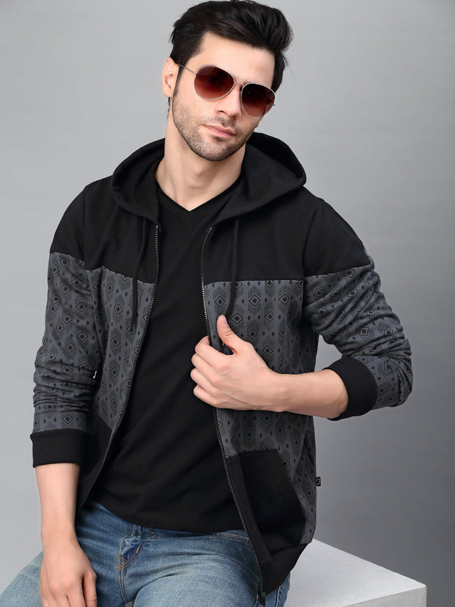 Men Dark Grey Hooded Printed Fleece Jacket