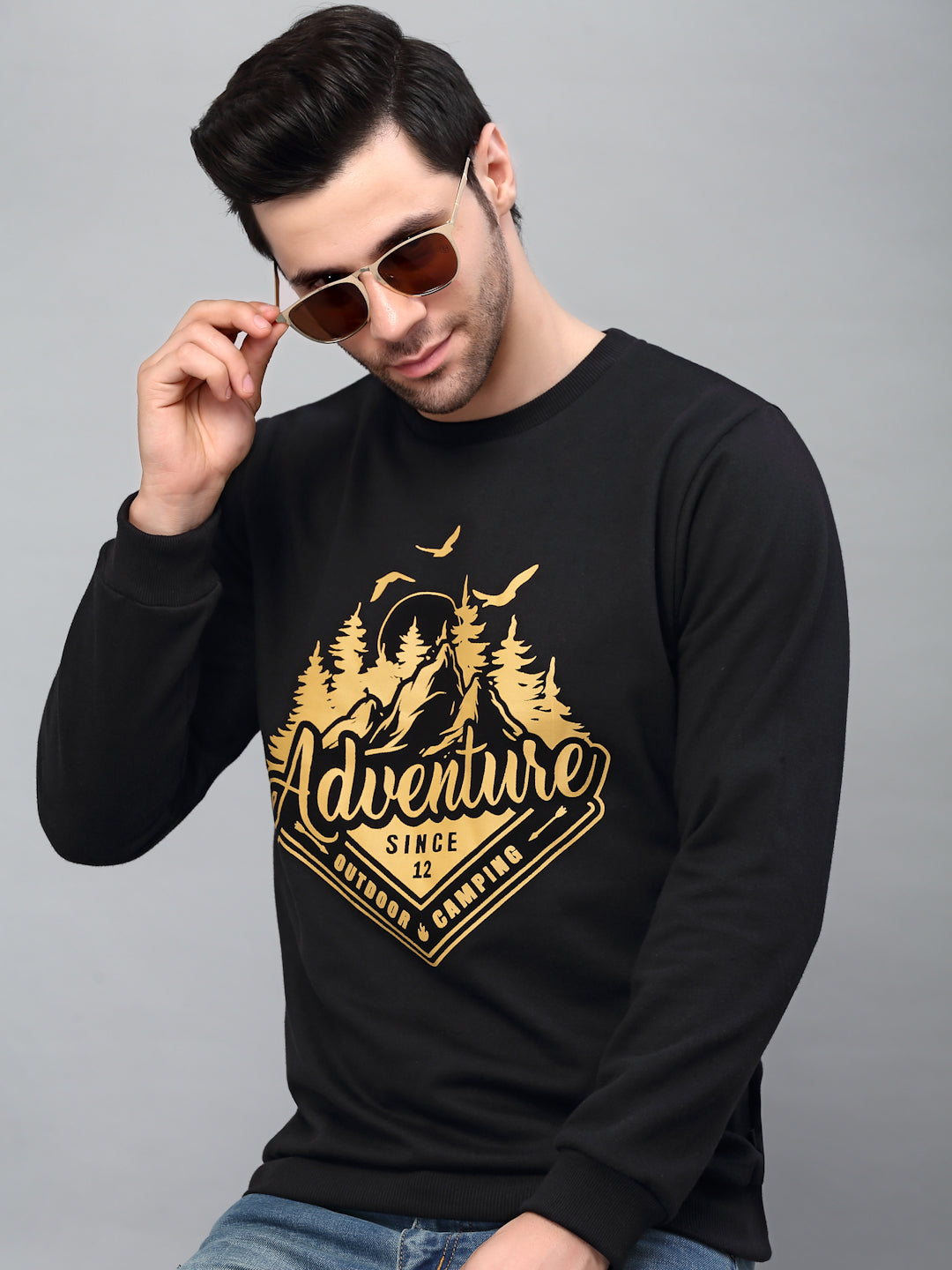 Men Black Round Neck Printed Fleece Sweatshirt