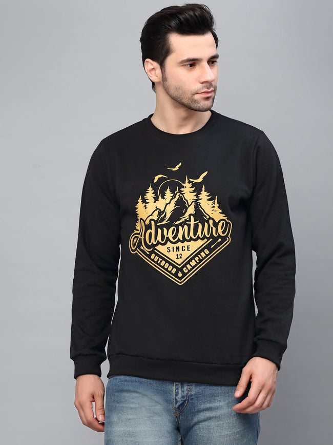 Men Black Round Neck Printed Fleece Sweatshirt