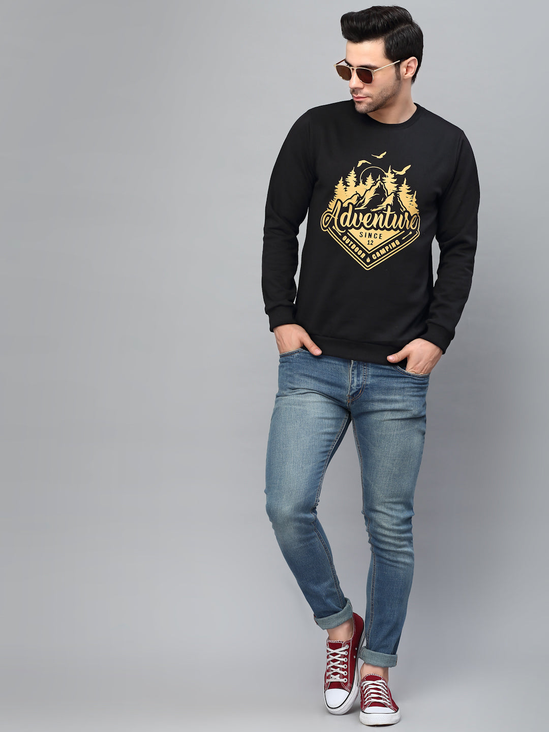 Men Black Round Neck Printed Fleece Sweatshirt