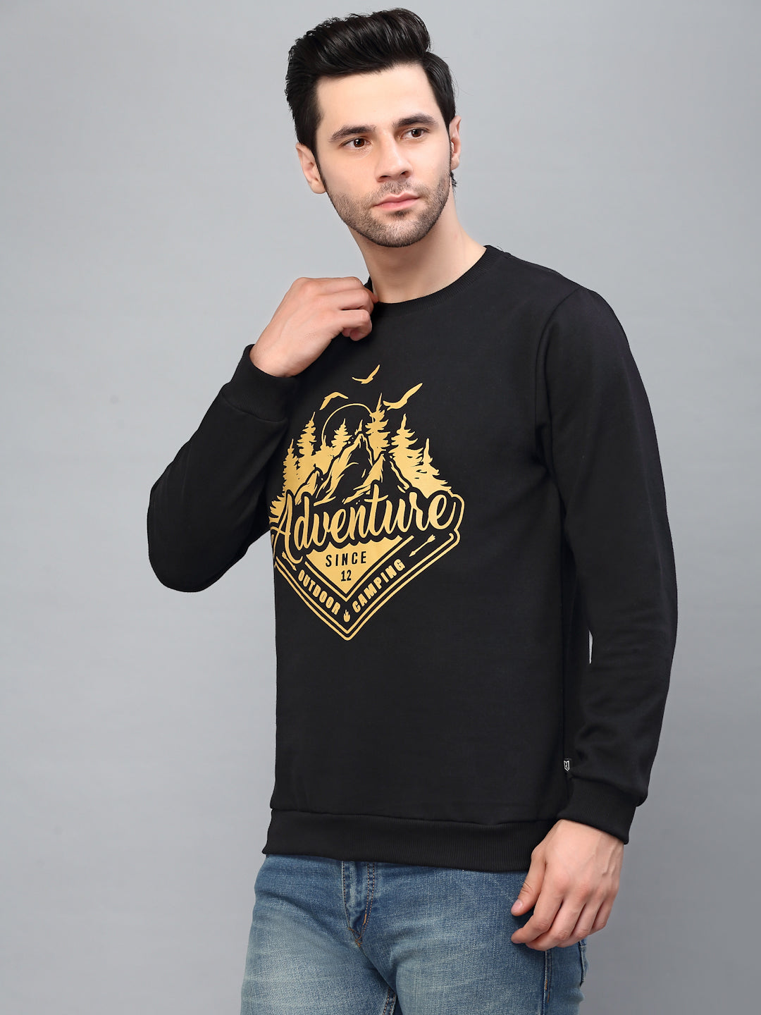 Men Black Round Neck Printed Fleece Sweatshirt