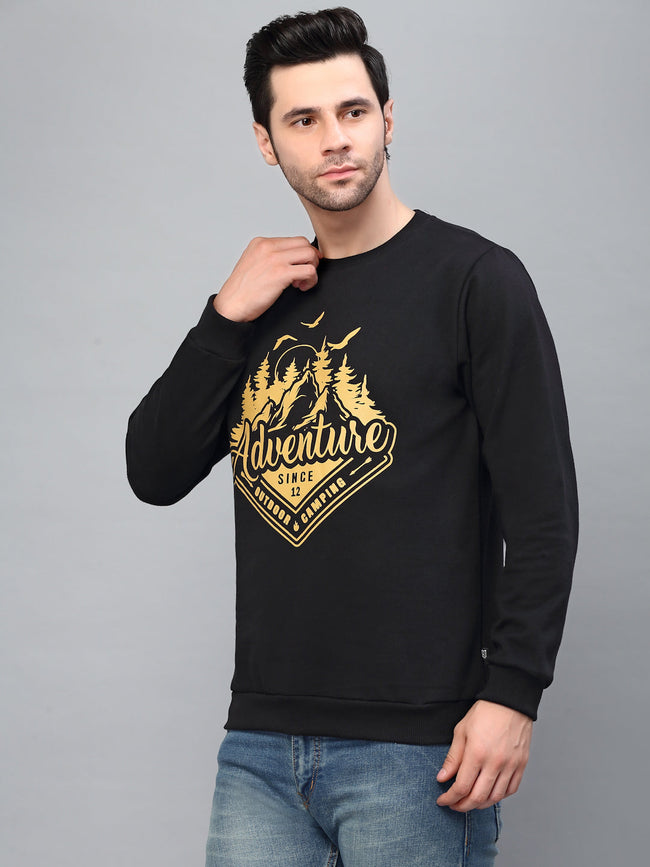 Men Black Round Neck Printed Fleece Sweatshirt