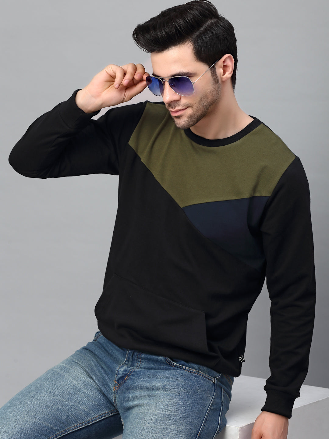 Men Black Cut & Sew Round Neck Terry Sweatshirt
