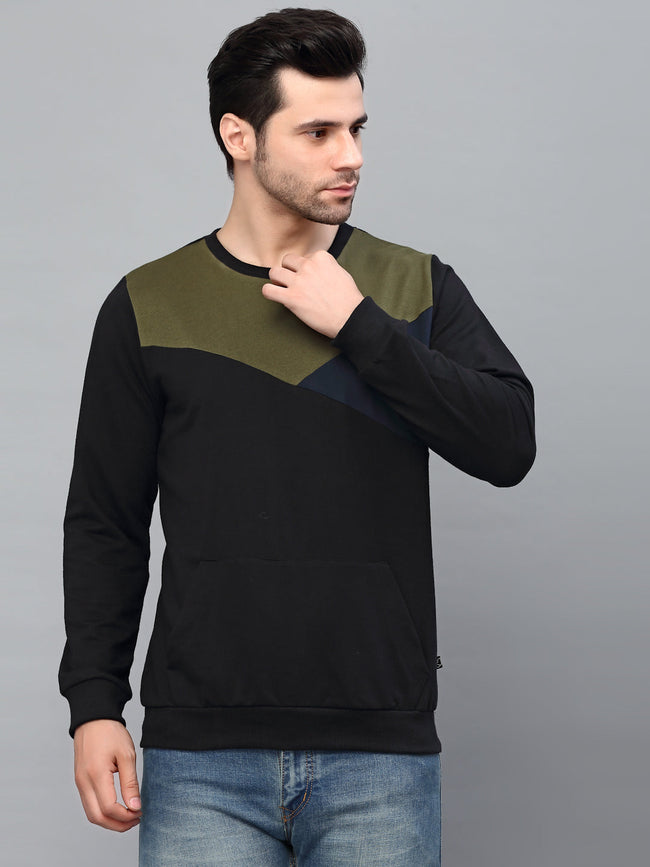 Men Black Cut & Sew Round Neck Terry Sweatshirt