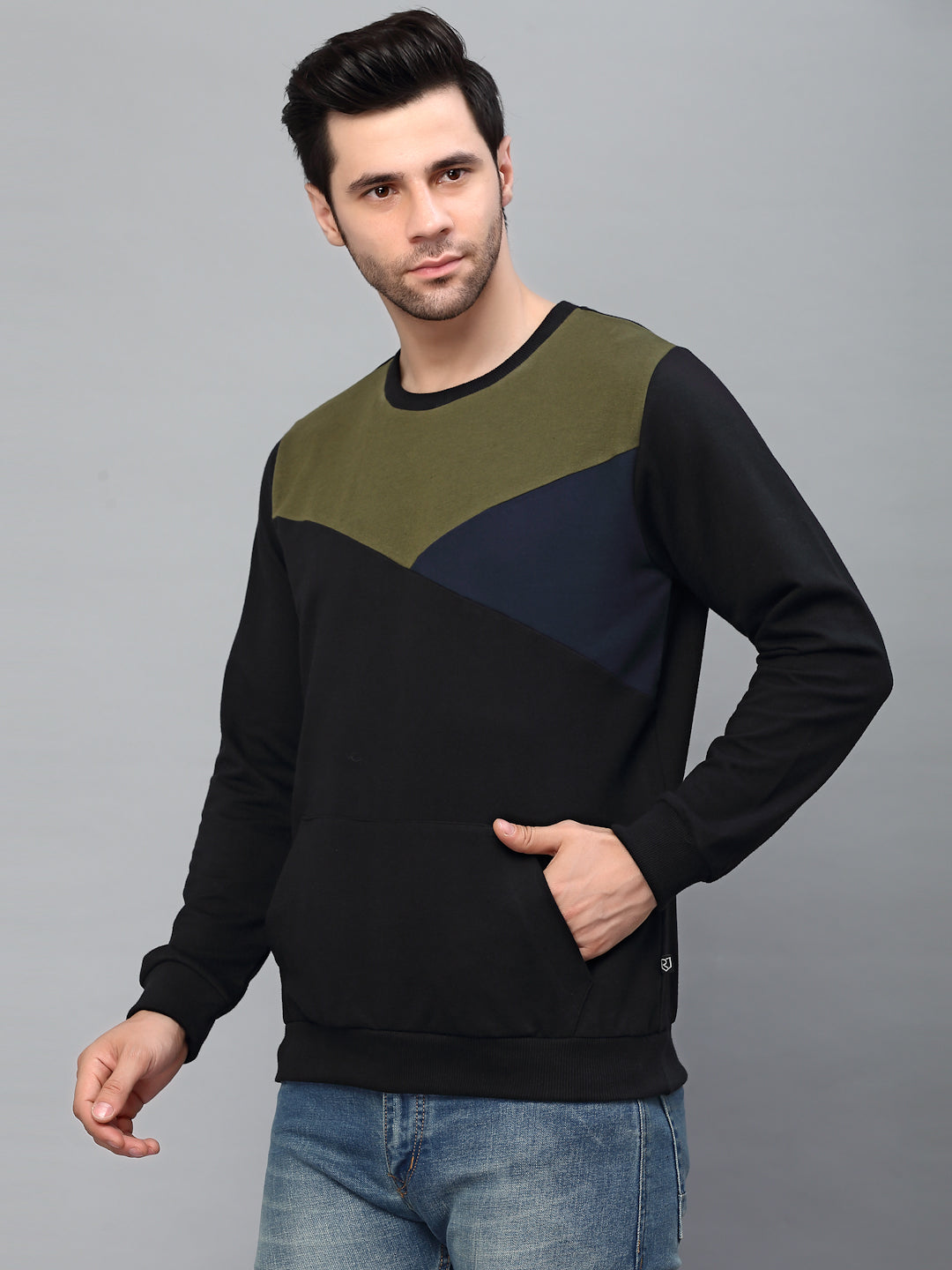 Men Black Cut & Sew Round Neck Terry Sweatshirt