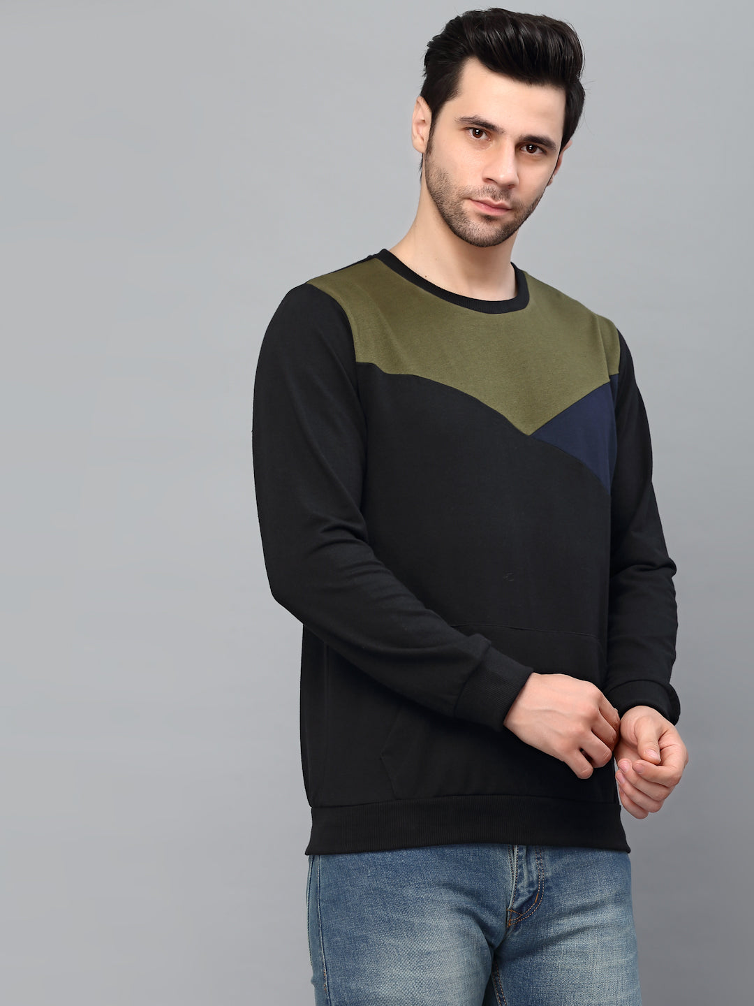 Men Black Cut & Sew Round Neck Terry Sweatshirt