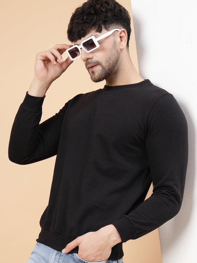 Men Black Round Neck Full Sleeve Fleece Sweatshirt