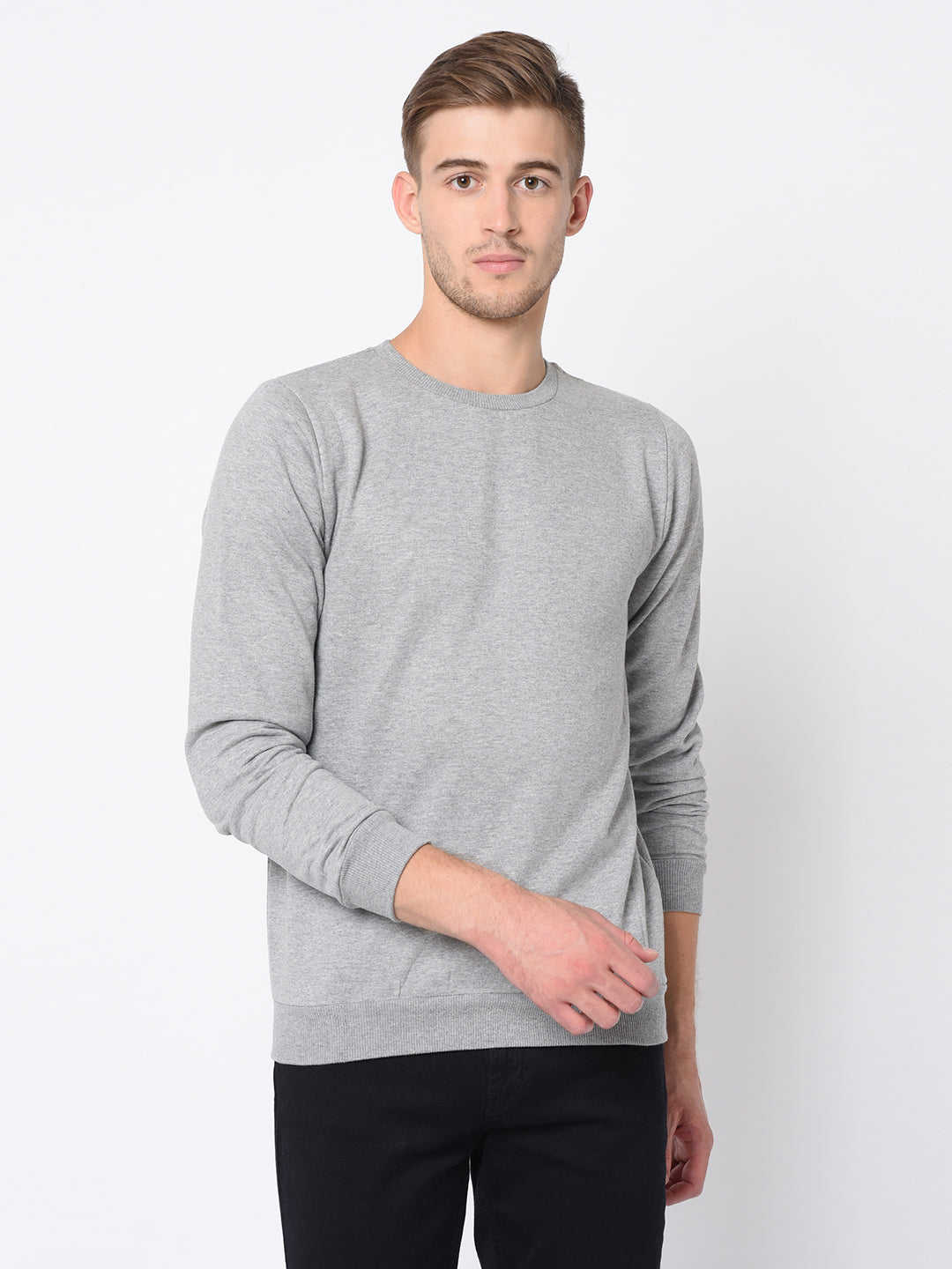 Men Grey Round Neck Cotton Fleece Sweatshirt